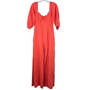 Capulet Orange Linen Blend Wide Leg Jumpsuit Square Neck Puff Sleeve Size S